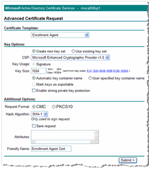 Microsoft Certificate Services Advanced Certificate Request page with a Certificate Template drop-down list, as well as settings for Key Options and Advanced Options with a Submit button at the bottom right of the page
